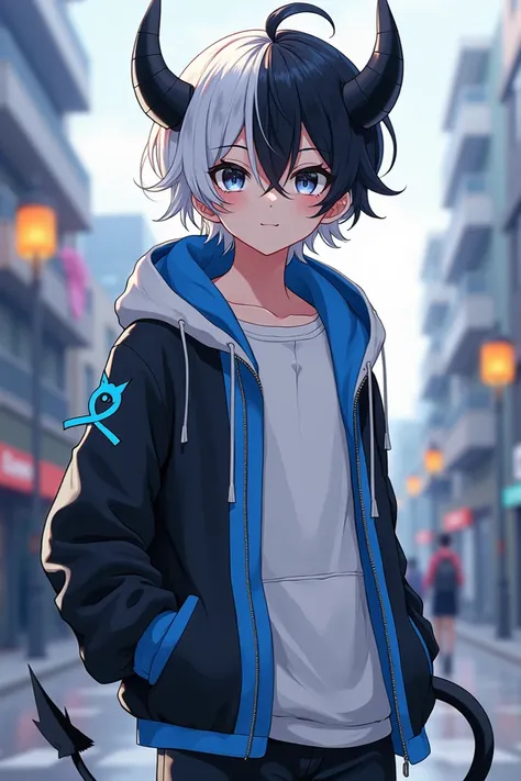  male but young anime character ,  white hair with black locks ,  demon in skate clothes ,  gray and white color , with horns and tail,  heterochrome black and white eyes ,  very romantic with anime-style male character black hair, with sea blue eyes ,  bl...