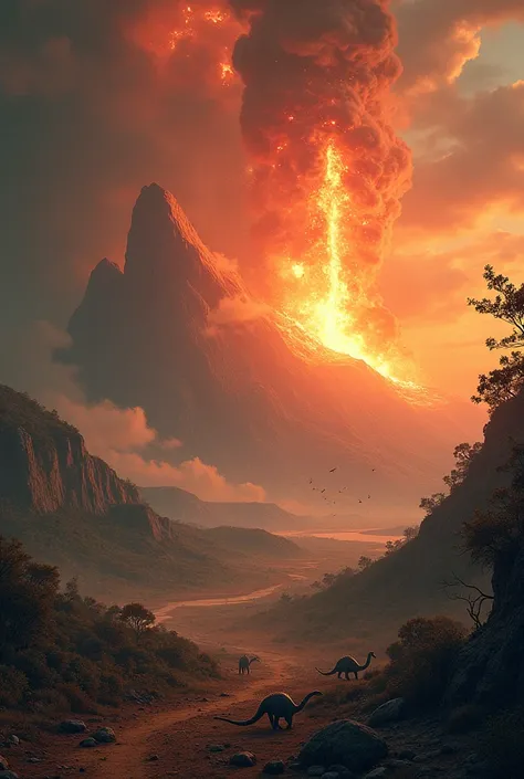 a prehistoric landscape, giant meteorites crashing into the earth, massive volcanic eruptions, terrified dinosaurs running, vintage Chinese textbook style illustration, detailed rendering, cinematic composition, dramatic lighting, moody colors, gritty text...