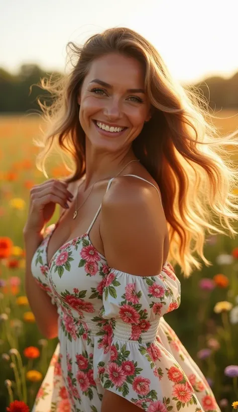 A breathtaking portrait of a mature woman in a vibrant summer field. Her wavy long hair catches the golden sunlight, dancing in the gentle breeze. Her striking eyes meet the viewers gaze with warmth and confidence, while her bright lips form an inviting, h...