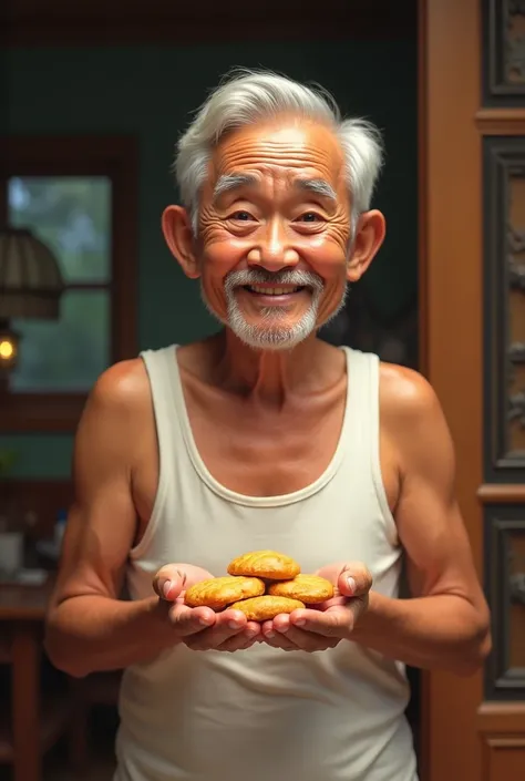 a Malaysian uncle figure wearing a white tank top and introduce a biscuit