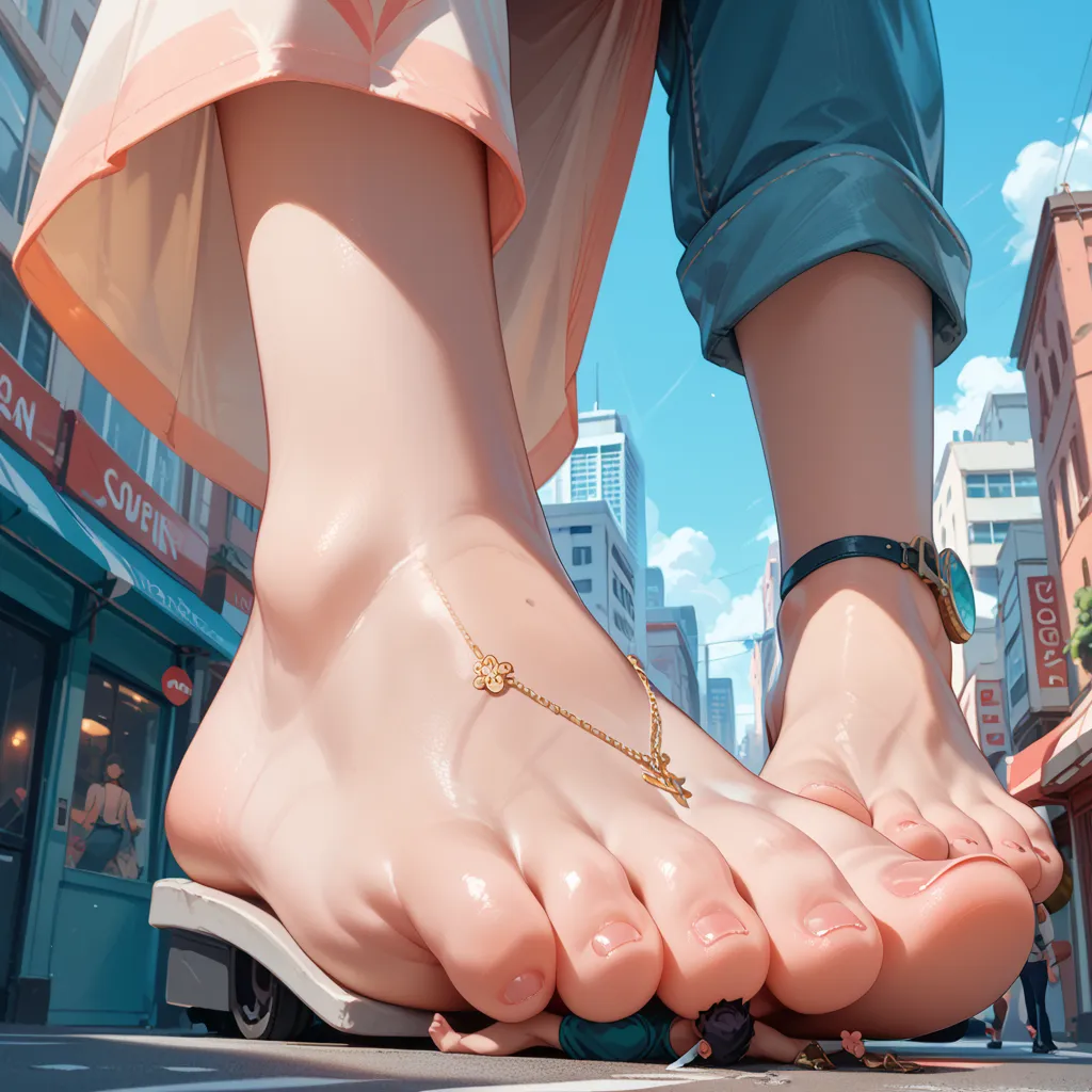 a huge giantess woman shows up her barefeet above a miniature city