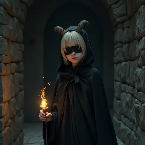 a girl, blonde short hair, wearing black blindfold, black cloak, hooded, has a pair of lamb horn, in the dark dungeon, face close up, holding a torch, low light, realistic, asian