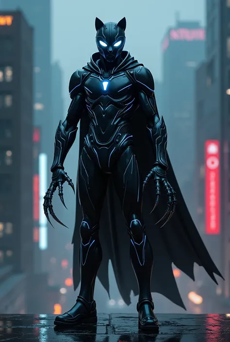 "A full-body artwork of a panther humanoid superhero in the style of MegaMan X, wearing a sleek black cybernetic suit with sharp metallic accents and glowing blue outlines. Long claws are retractable from its hands, while a futuristic cape made of dark ene...