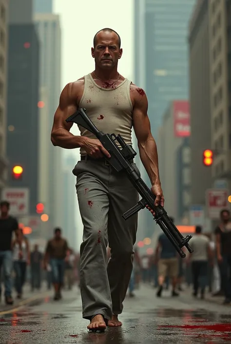 Bruce Willis with  short brown hair with blood on his face wearing a dirty white tank top with gray dirty dress pants with bare feet holding a small izi machine gun with blood on the tank top and Nakatomi plaza in the background 