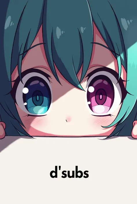 I want an image that has two anime-style eyes of a 25-year-old woman that are turquoise and magenta and that at the bottom says DSubs