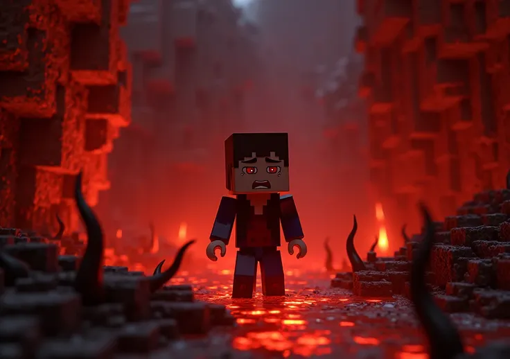 Trapped in  hell in Minecraft . Crying . Charector small size 