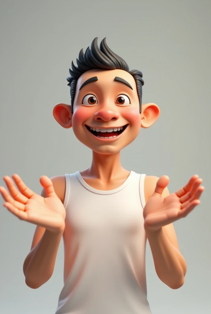 a Malaysian uncle figure wearing a white tank top and a happy mood, a 3D figure, right and left hands try to introduce something