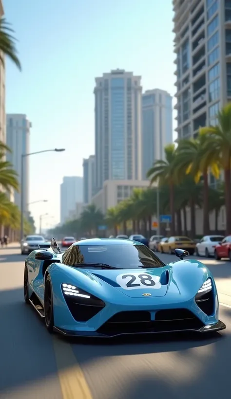 a cool sports car with number 28 on the road in a bright morning, the background is filled with luxury hotel buildings, adding to the busy atmosphere by focusing on the cool sports car in light blue, very realistic with an image size of 19:6High Resolution...