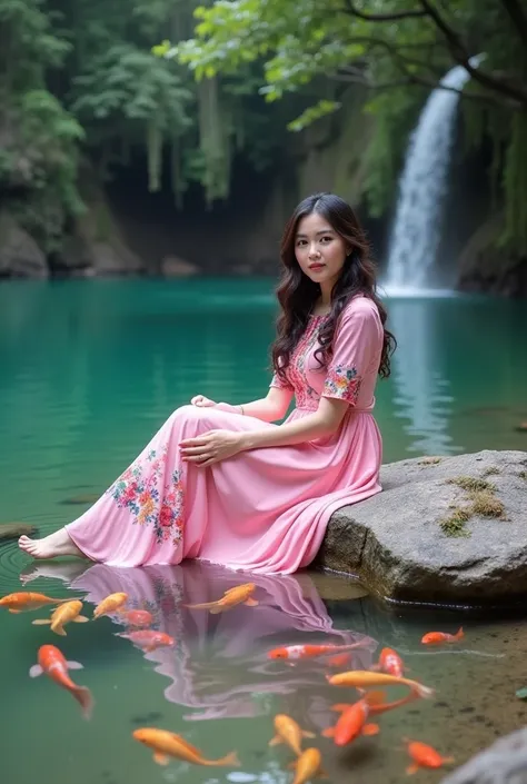  In a lake with clear water surrounded by a rocky hill with a waterfall flowing from the kedanau hill an Indonesian girl wearing a long pink dress with colorful color motif is very beautiful and beautiful with her feet stepping on the rocks sitting on the ...