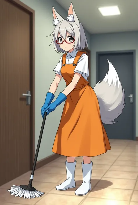 A nun fox female, silver short hair, fox ears, fox tail, glasses, orange nun unifrom, blue rubber gloves, white rubber boots, She is mopping the floor in Crematorium room, daytime, anime style