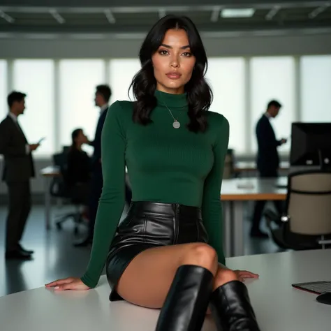 a stunning 21-year-old Latina with a slim, athletic build, medium-sized natural, full breasts, slightly wavy dark hair, and dark eyes, sits gracefully on a sleek office desk in a bustling, modern workspace. She wears a fitted green turtleneck sweater that ...