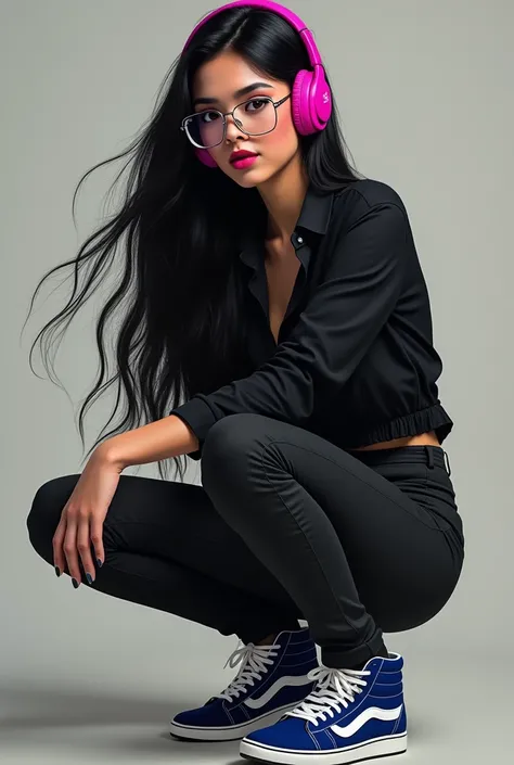 Brown eyes, black shirt, headphones pink, glasses, black pants,Blue and white shoes, long black hair,