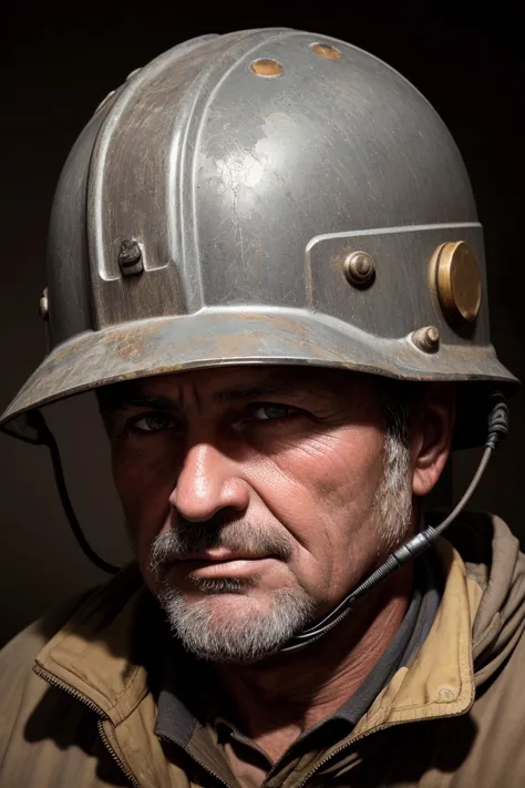 Portrait of a middle-aged miner large face, helmet with flashlight on the head