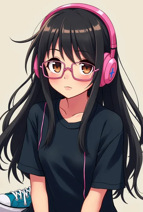 Brown eyes, black shirt, headphones pink, glasses, black pants,Blue and white shoes, long black hair, anime