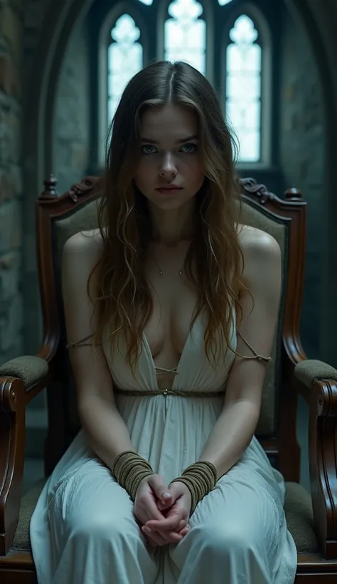 Front shot of a woman， in a dark old gothic castle ，The air was heavy ， filled with moisture and shadows 。 a young woman，Woman looks like movie star Emma Stone， wearing a long white dress ， has long brown hair and eye-catching gray eyes， sitting on an old ...