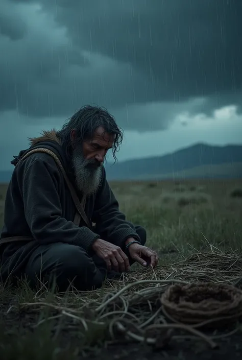 A Tarkhan is sitting at night making a cot and on top of that it is raining heavily and he is feeling cold. 