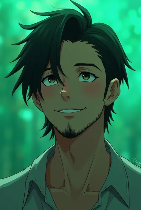 Adult boy anime Seinen with long hair up to the shoulder on one side and on the other side his bare ear,  with a small beard only on the . Chin, smiling and with an iridescent viridian green background 