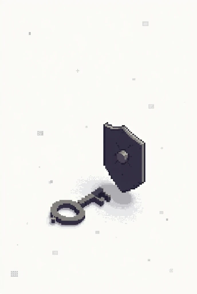 Shield with key, its pixels art, white background, all in pixel art, shield and key too distant long