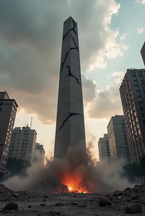  The Obelisk of Buenos Aires ,  ARGENTINA , appears in ruins ,  with its structure partially collapsed and deep cracks running through its surface.  Fragments of the monument are scattered on the ground ,  while a dense cloud of dust floats around ,  creat...