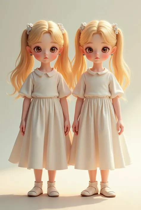 A honey blonde girl.  age.  Her eyes hazel and silky hair tied in two tails. Wearing a white froak. Standing with her twin brother who looks exactly like her.