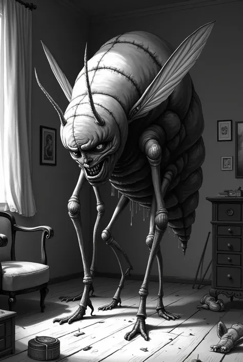  Create a part of the metamorphosis scene in black and white the basics ,Make it fun and a cute insect , The scene is about Gregorio, horrified to discover that he has become a huge insect.