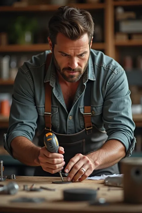 Man without a tie working with cordless screwdriver 