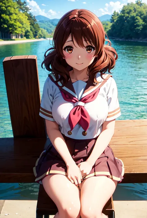  drama-like illustration with miduam thighs and breasts 、Yokomae Kumiko（nsfw1.3）、High school girl、Brown sailor suit、smile. miniskirt、A .miduam weight.、 sitting on chair 、Riverside、morning、Sunshine、Noise Reduction、 High Quality、Highly detailed images、 with ...