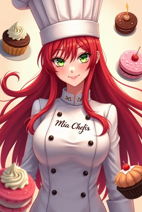  Beautiful sexy anime chef girl with long red hair, green eyes and letters Mia Chefis. Add desserts Kawaiis  