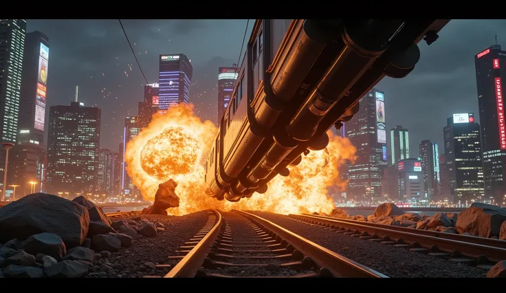 "maglev train debris out of track ,  is thrown out in an inclined position ,  explodes in the middle of a futuristic city . Metal debris strewn with sparks and towering black smoke. Dramatic atmosphere against the background of the night sky .  Hyper-reali...