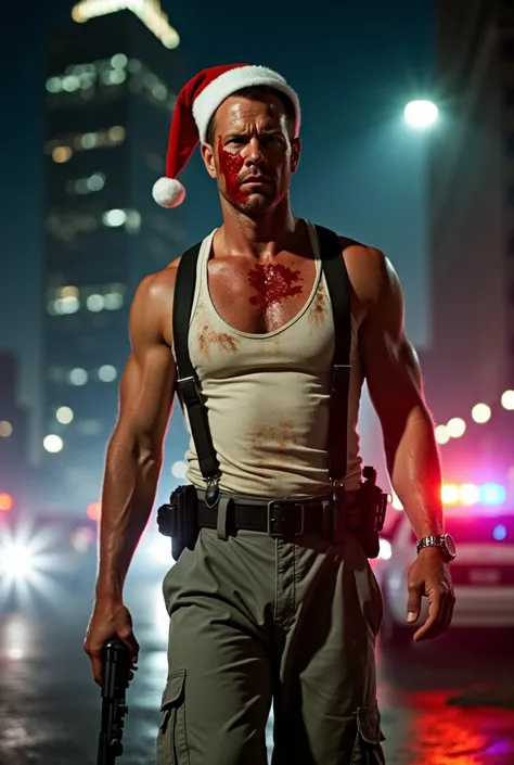 Die Hard, Bruce Willis with  short brown hair wearing a Santa hat with blood on his face wearing a dirty white tank top with gray dirty dress pants with bare feet standing in front of the Nakatomi plaza building with police cars at night close up