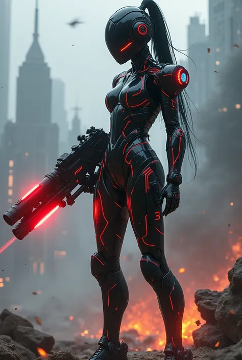 A futuristic Japanese cyberpunk meccabot girl wearing a sophisticated black metalic red mechanical armor stands on a above the building The armor is decorated with shining bluered lines, high-tech. Holding Bazooka with holographic sights  red energy, emitt...