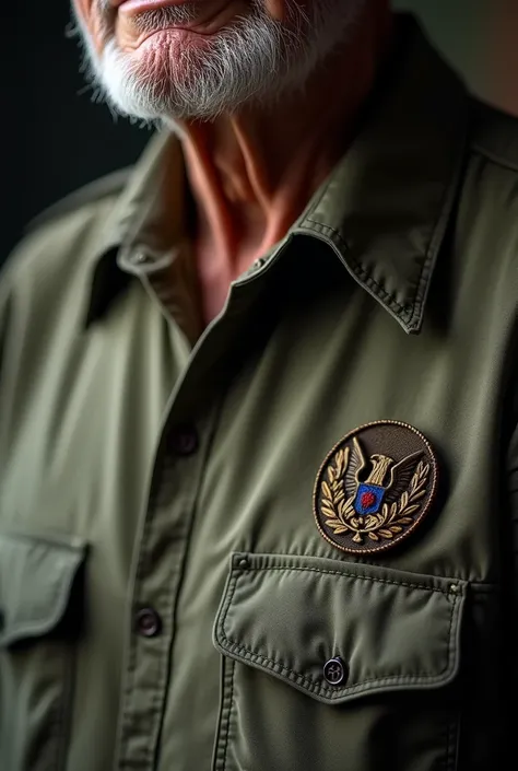 A close-up shot of the elderly man’s shirt, showing a small army badge pinned to it. The focus is on the badge, with the background blurred to emphasize its significance. The lighting is dramatic, with rich textures on the fabric. Ultra-HD, realistic, and ...