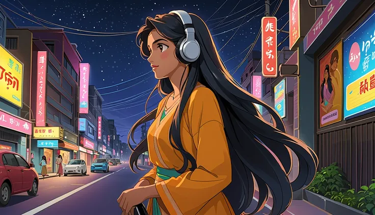  Indian woman with long hair admiring the night view,Streetscape、Indian woman with long hair listening to music on the radio 、 anime style