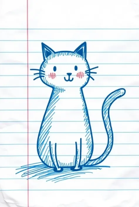  Draw a cat on a school notebook paper .  This paper has straight and similar lines horizontally . The lines are blue .  I want this cat to be similar to handmade drawings .  I want you to use a few drawing techniques to be similar to the drawing of a huma...