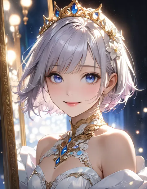 ((best quality)), ((Masterpiece)), (details), 1 woman, small breasts, light purple hair, blue eyes, ((short hair)), smooth , Beautiful face, Beautiful skin, Long eyelashes, Thick eyelashes, realistic,No smile and charming girl, Look happy, Portrait, ใบหน้า...