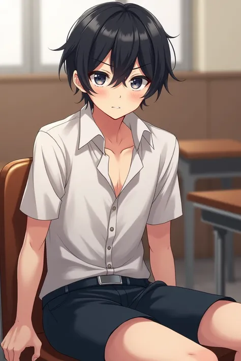 A young male teenager, with short silky black hair, and hair between eyes, cute baby face, pale white skin, toned body and lithe frame, nice abs, visible veins on both arms and calves, wears unbuttoned school uniform, sitting in class, anime art.