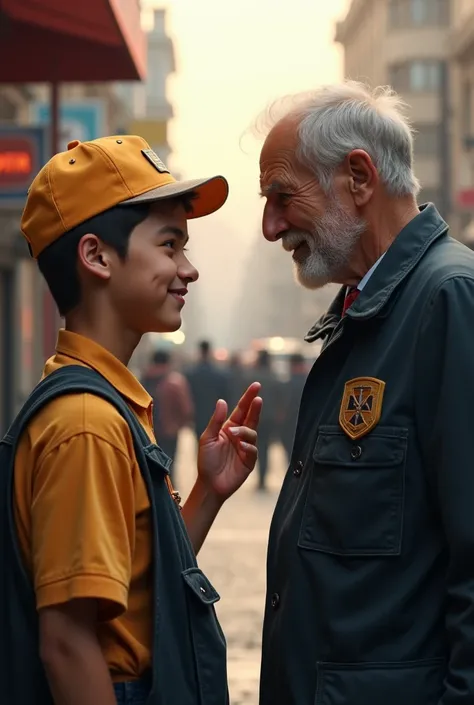 The delivery boy looking curiously at the elderly man while pointing at the badge. The elderly man nods with a faint smile, showing a mix of pride and humility. The background subtly captures the busy street, adding depth to the scene. Realistic, ultra-HD,...