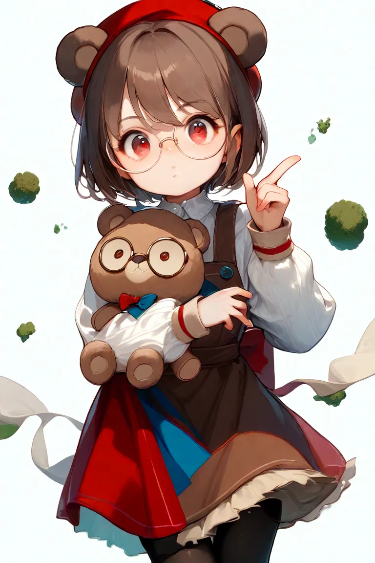 white background,brown hair、 red beret 、 white long sleeve blouse、 brown apron、 black tights 、round glasses、brown teddy bear 、 r...