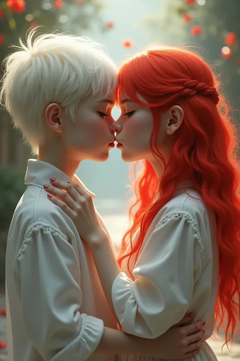 Make me an image of a pale-skinned albino boy  ,  kissing a girl with two-tone red and white hair 