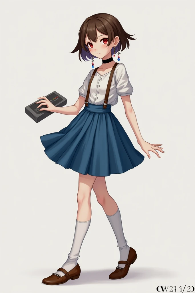 catalyst_Species, red eyes,  brown hair,  short hair,  hanging earrings ,  choker , hold , blue skirt, pleated skirt,  white socks , loose socks, brown shoes