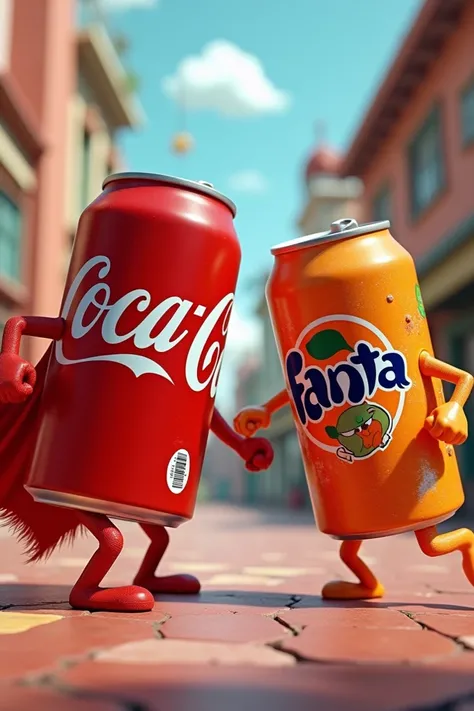 " Create an animated can of Coca-Cola with a superhero cape, fighting with a can of animated fanta that is scared "