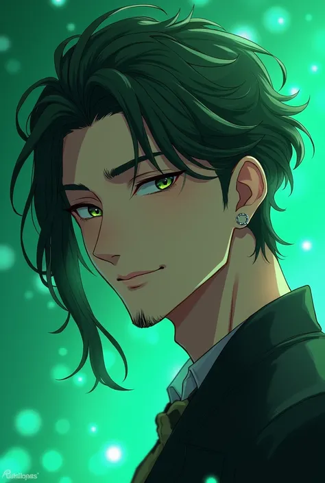  Adult anime Seinen boy with long hair up to .  Shoulder on one side and on the . Another side The Bare Ear ,  with a small beard only on the . Chin,  smiling and with a viridian green background with iridescence