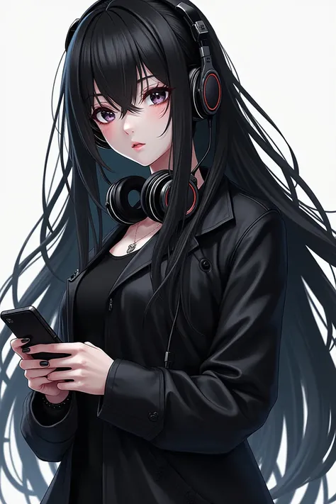 anime character with black hair and headphones holding a cell phone, full_body!!, inspired by Jin Homura, !!full body portrait!!, !!highly detailed!!, sui ishida with black hair, detailed long black hair, highly_detailed!!, full body!!, 1 7 - year - old an...