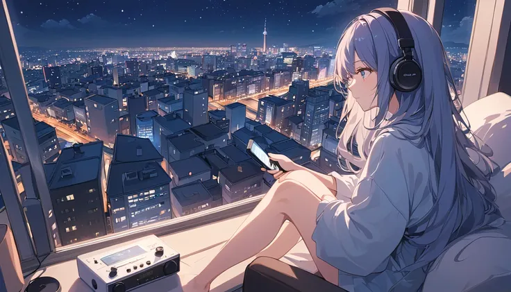 Woman with long hair looking at night view, cityscape, listening to music on the radio, anime style