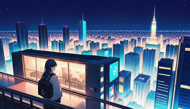 Woman with long hair looking at night view, cityscape, listening to music on the radio, anime style