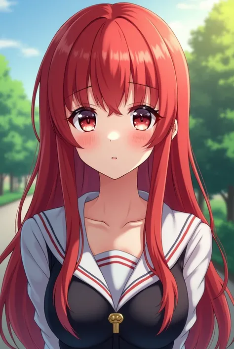 1 woman, pretty face , red long hair with long bangs covering half of her face, student outfit, chest conspicuous , natural background . (HD picture ,  high-resolution , best quality,  Masterpiece,  Detailed Image , HD orientation, High pixels,  Anime Styl...