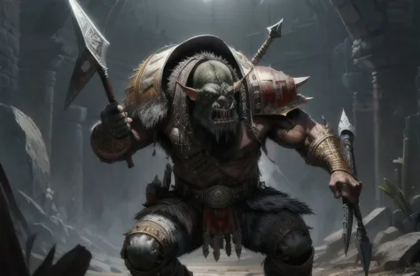 one ork, turk armor, dai li hat, polearm, muscular, full body focus, (masterpiece:1.2) (illustration:1.2) (best quality) (detail...