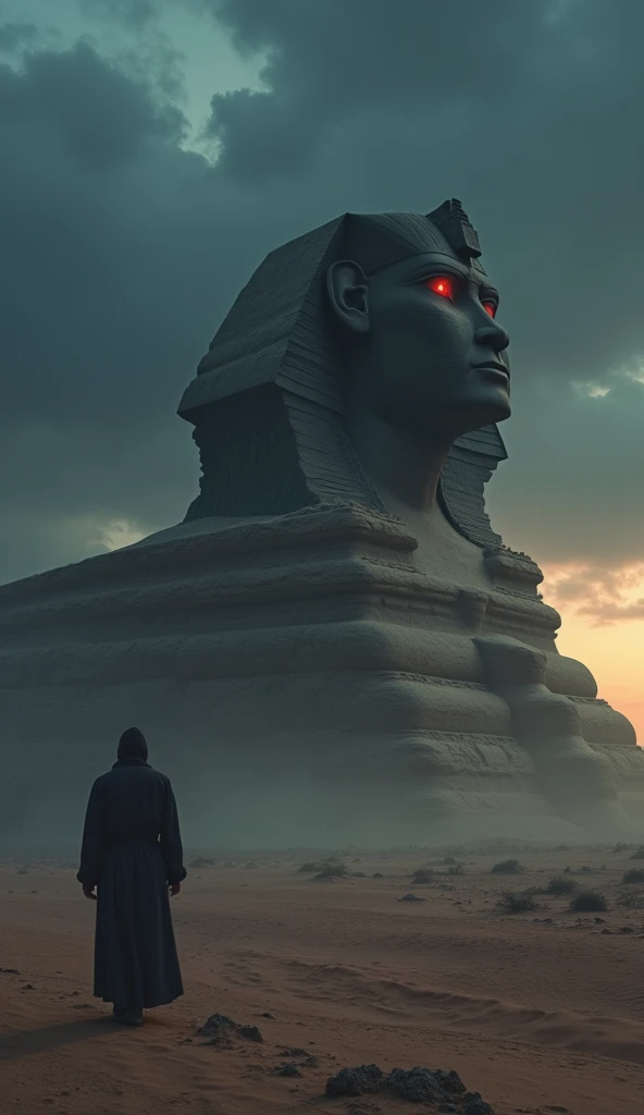 A vast, desolate desert under a twilight sky with ominous dark clouds swirling above. The silhouette of an ancient, weathered giant sphinx looms on the horizon, half-buried in sand. The sphinxs dark side is shrouded in shadows, exuding an eerie, foreboding...