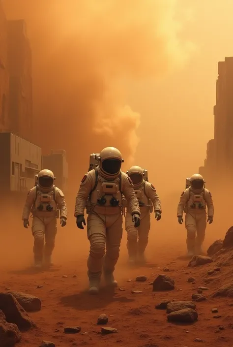 People adjusting spacesuits as a lunar dust storm hits structures.