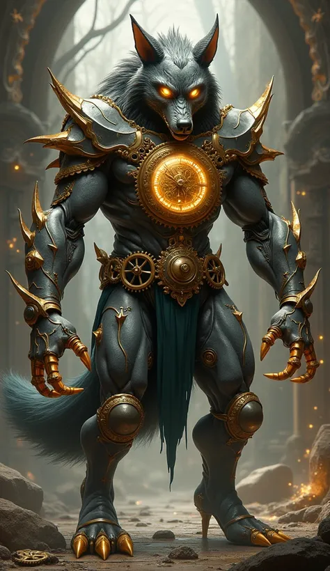 Further transformed, the watchmaker fuses with the power of time and nature. His face sharpens, taking on wolf-like features, with glowing golden eyes and metallic fur streaked with clockwork patterns. His arms elongate into clawed hands that shimmer with ...